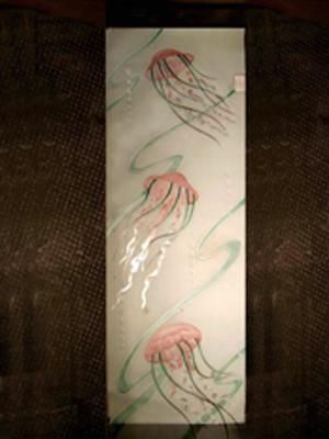 Carved and airbrushed glass shower door. Original 