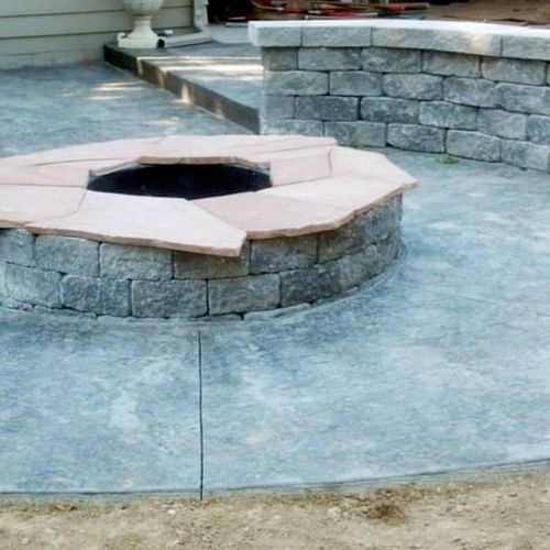 Stamped concrete-fire pit and retaining wall