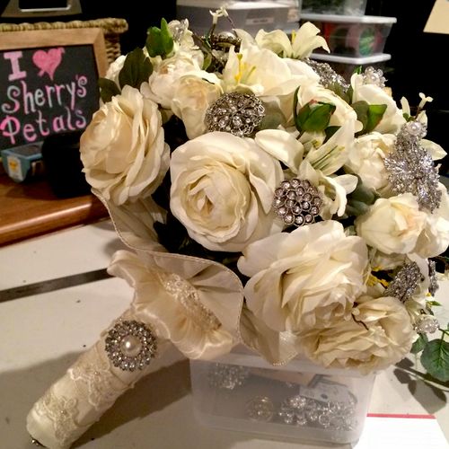 Ivory Rose Brooch Bouquet - adorned with over 30 s