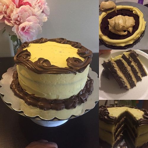 Double chocolate cake with a peanut butter mousse 