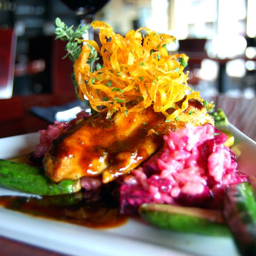 Roasted chicken with beet risotto