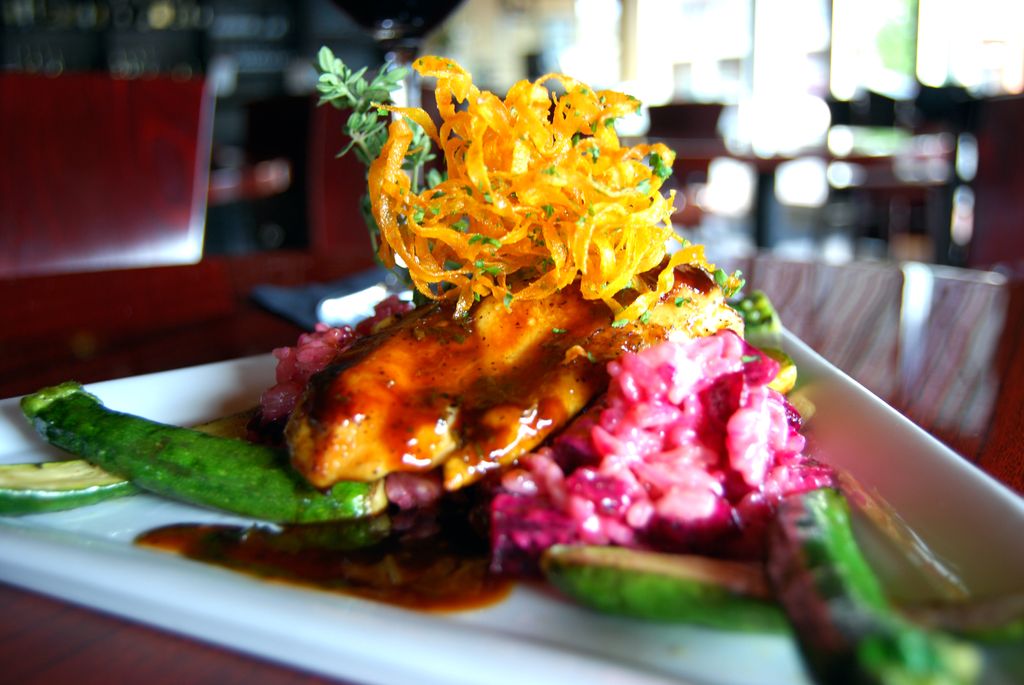 Roasted chicken with beet risotto