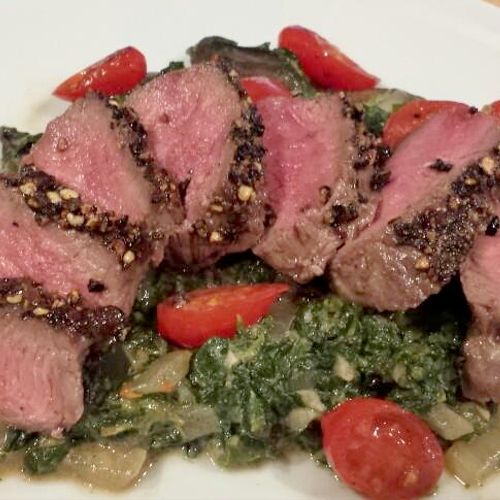 Peppercorn Crusted Bison Steak with Roasted Tomato