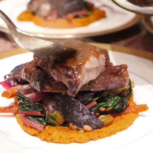 Roast Duck over Fall Vegetables and Pumpkin Puree