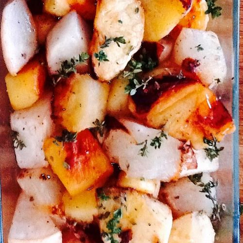Honey Thyme Roasted Yams and Rutabagas