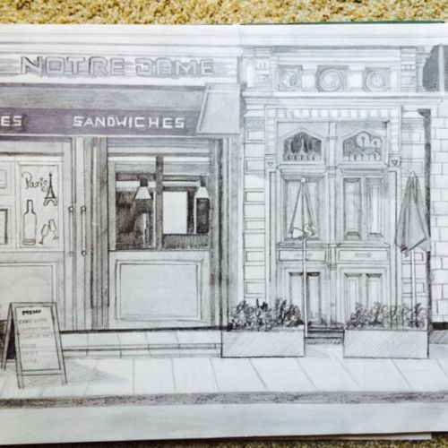 Pencil sketch Parisian cafe