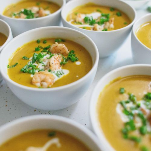 Curried carrot ginger soup w/ shrimp