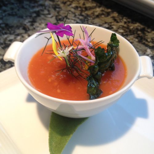 classic tomato soup, kale chip, flowers