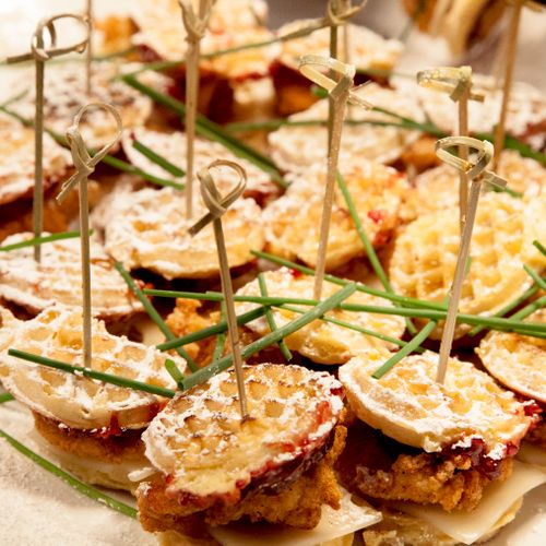 Mini fried-chicken & waffle appetizers with swiss 