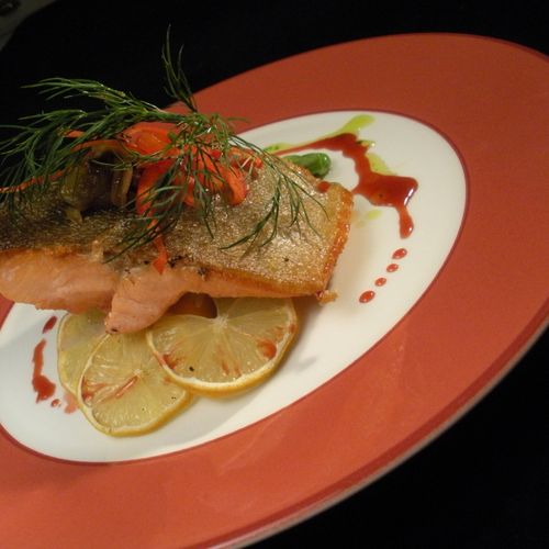 Salmon with three Beans & Pomegranate Jus