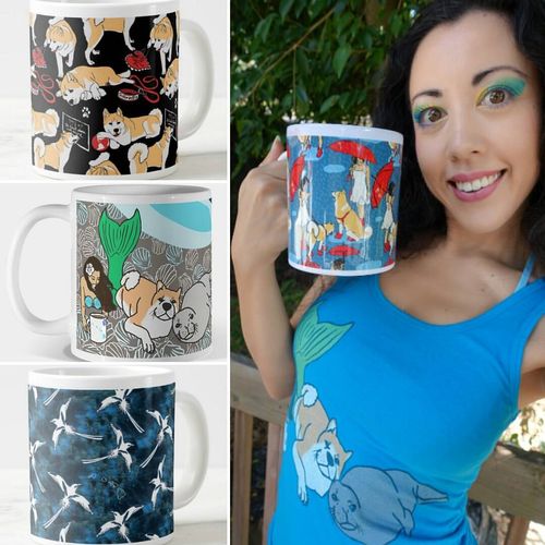 Some of my most popular prints on mugs and a tank 