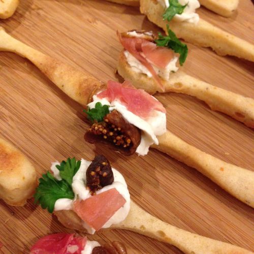 Edible spoons with goat cheese fig and Prosciutto