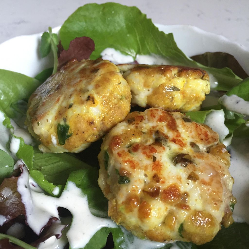 Fish Cakes with Mixed Greens and Yogurt-Tahini Dre