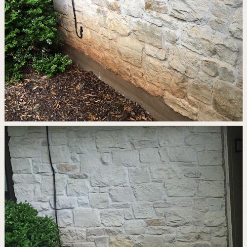 Before and after of a limestone wall cleaning. Wal