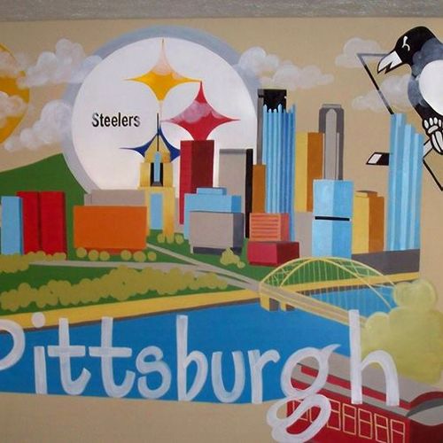 Pittsburgh themed sports mural for a game room.