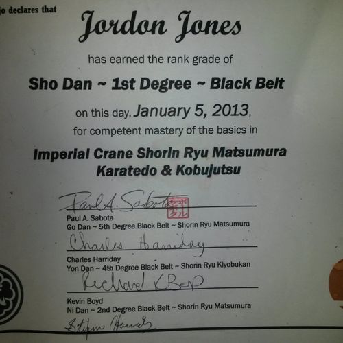 Black Belt 1st (Sho) Dan Certificate