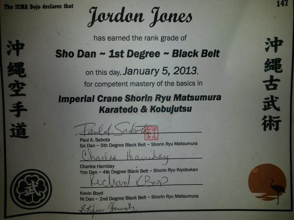 Black Belt 1st (Sho) Dan Certificate
