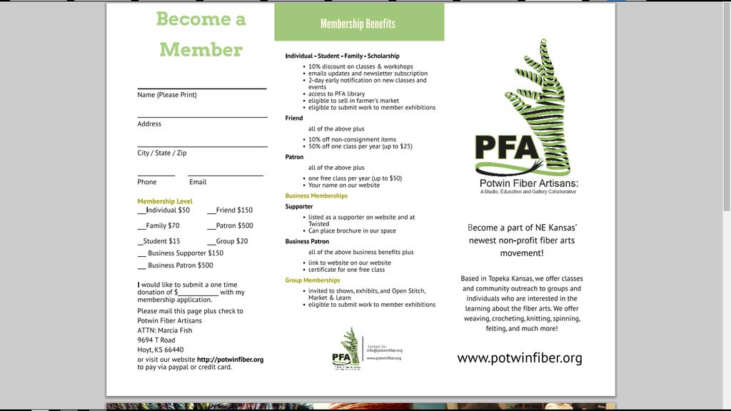 Potwin Fiber Artisans Membership Brochure, Side On