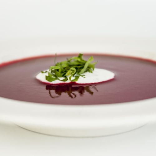Beetroot and apple gazpacho with goats cheese foam