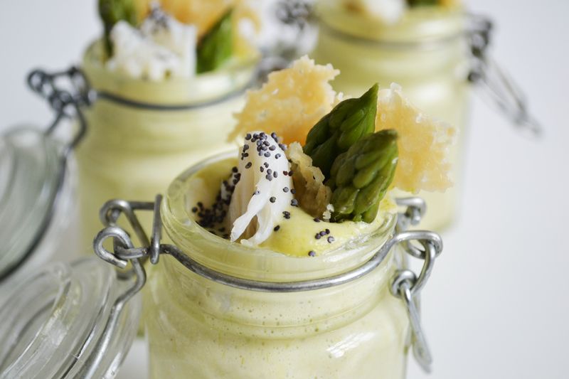 Asparagus, crab meat and parmesan cheese tuile