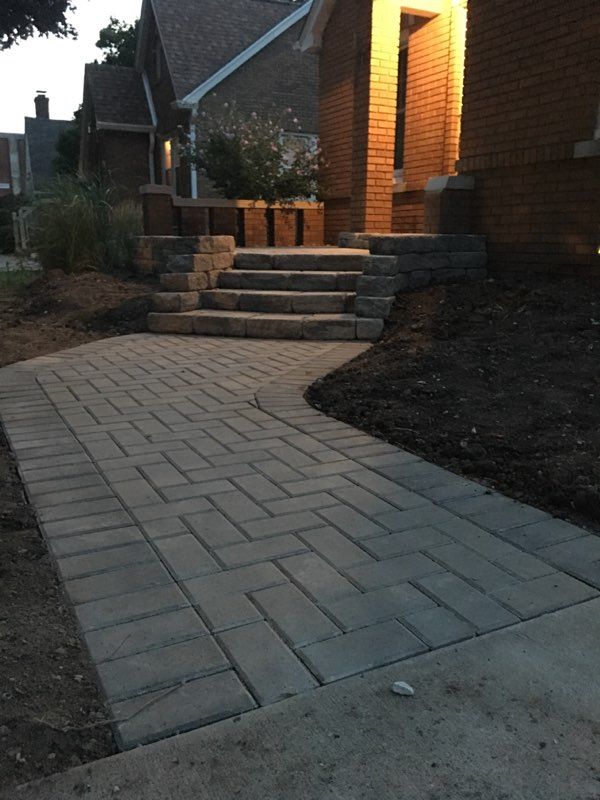 Paver sidewalk and new front porch and steps