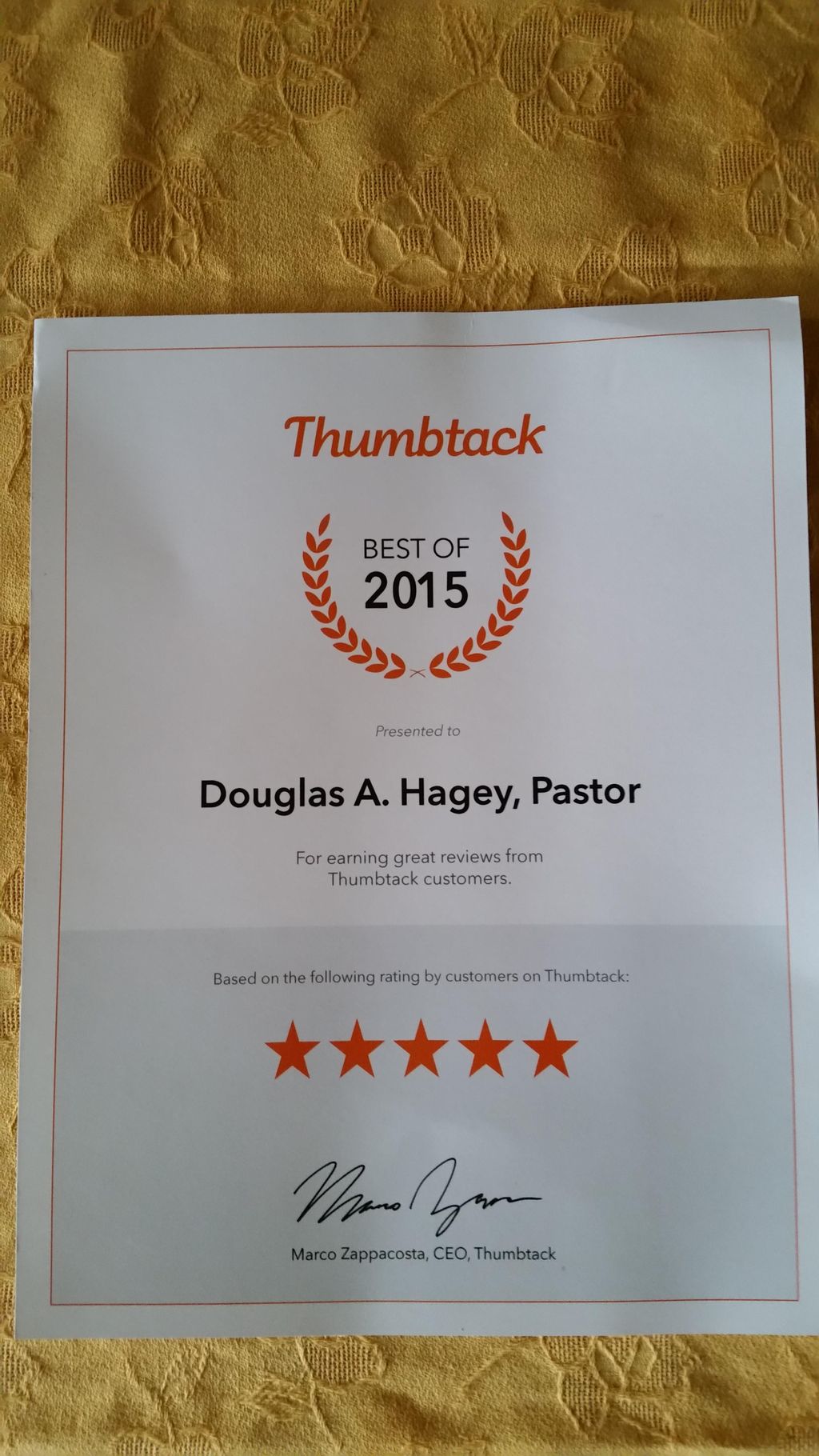 Thumbtack Award "Best of 2015" for 5-Star Customer