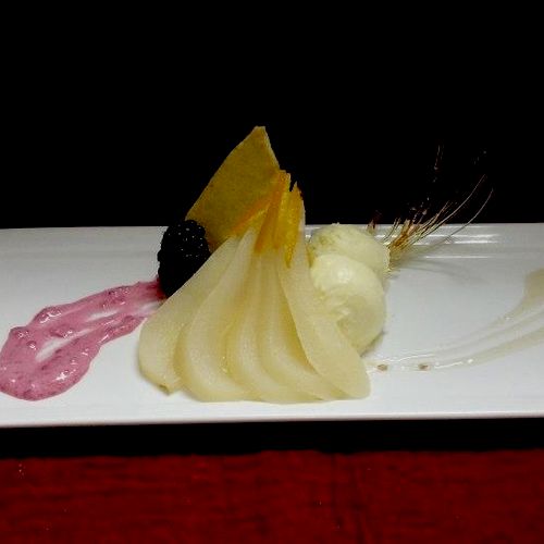 Poached Pear Dessert, with Plum Wine, Sweet Curry 