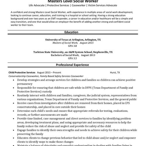Page 1 of 2. Social Work Resume. Similar formats a