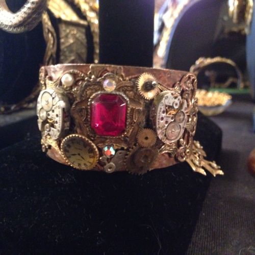 Steampunk Copper cuff bracelet with vintage embell