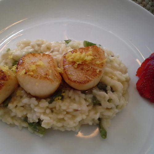 Brown Butter Sea Scallops over Asparagus Risotto