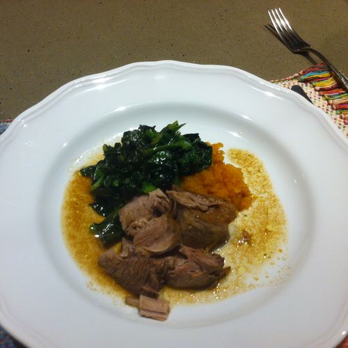 Braise lamb shoulder, wilted spinach, au jus