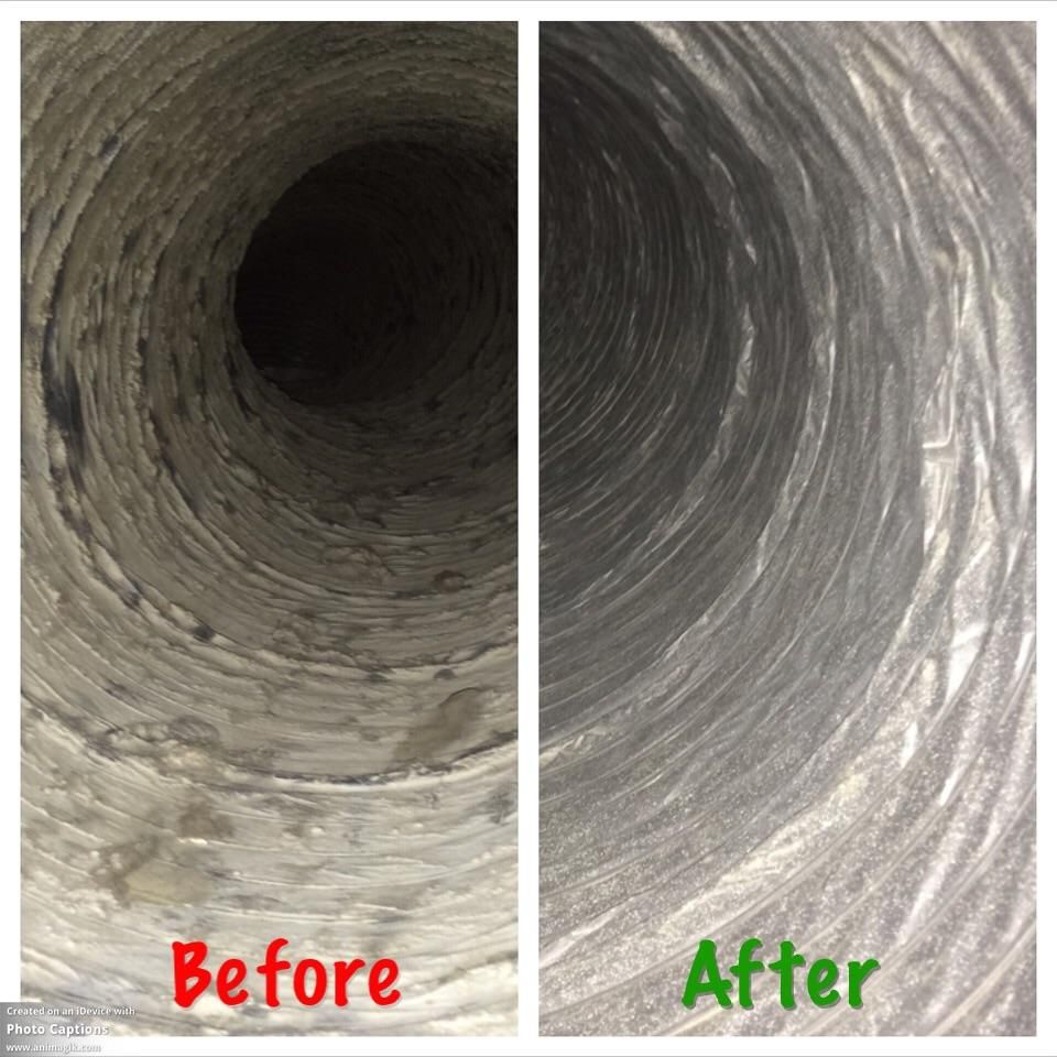 Duct Cleaning. Dirty, dusty ducts; before and afte
