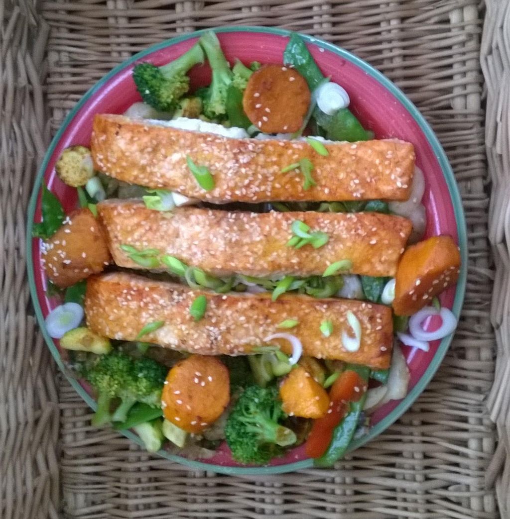 Orange Sesame and Ginger Glazed Salmon with Roaste
