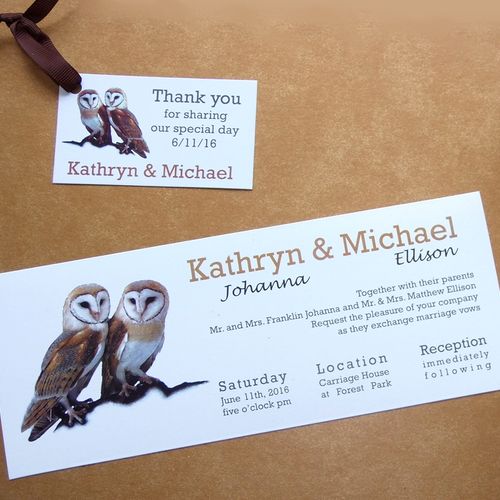 Barn Owls Wedding Invitation and matching favor ta