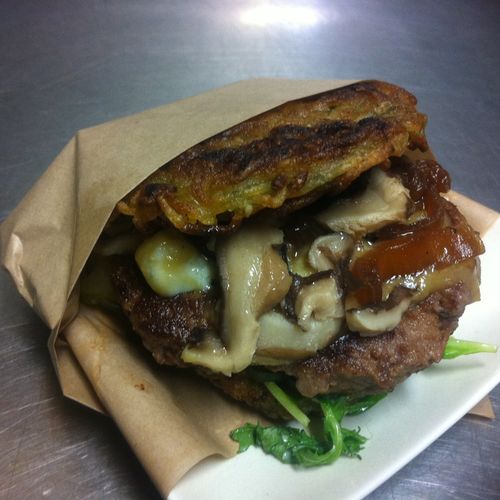 Miso Ramenburger with shiitake and blue cheese