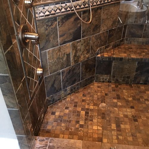 Shower with slate tile after cleaning and sealing!
