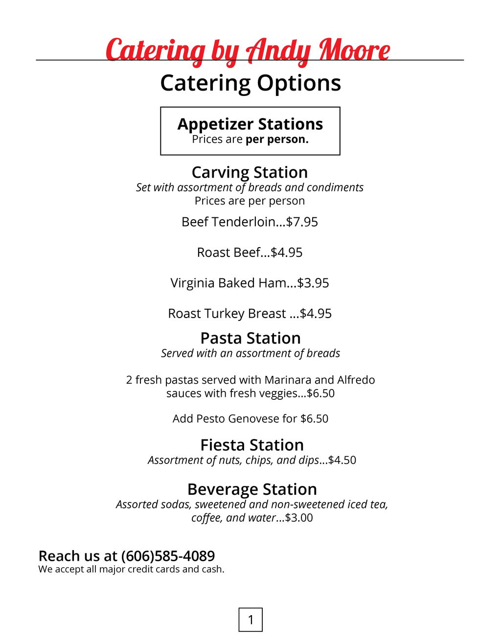 Current Catering Menu, Page 1