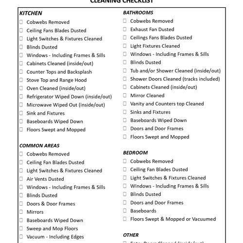 Make Ready & Move in/Move out Cleaning Checklist