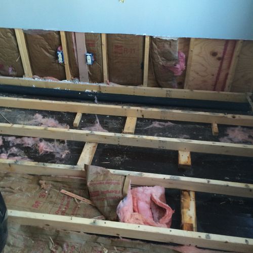 Demo of subfloor, wall, and removal of wet insulat