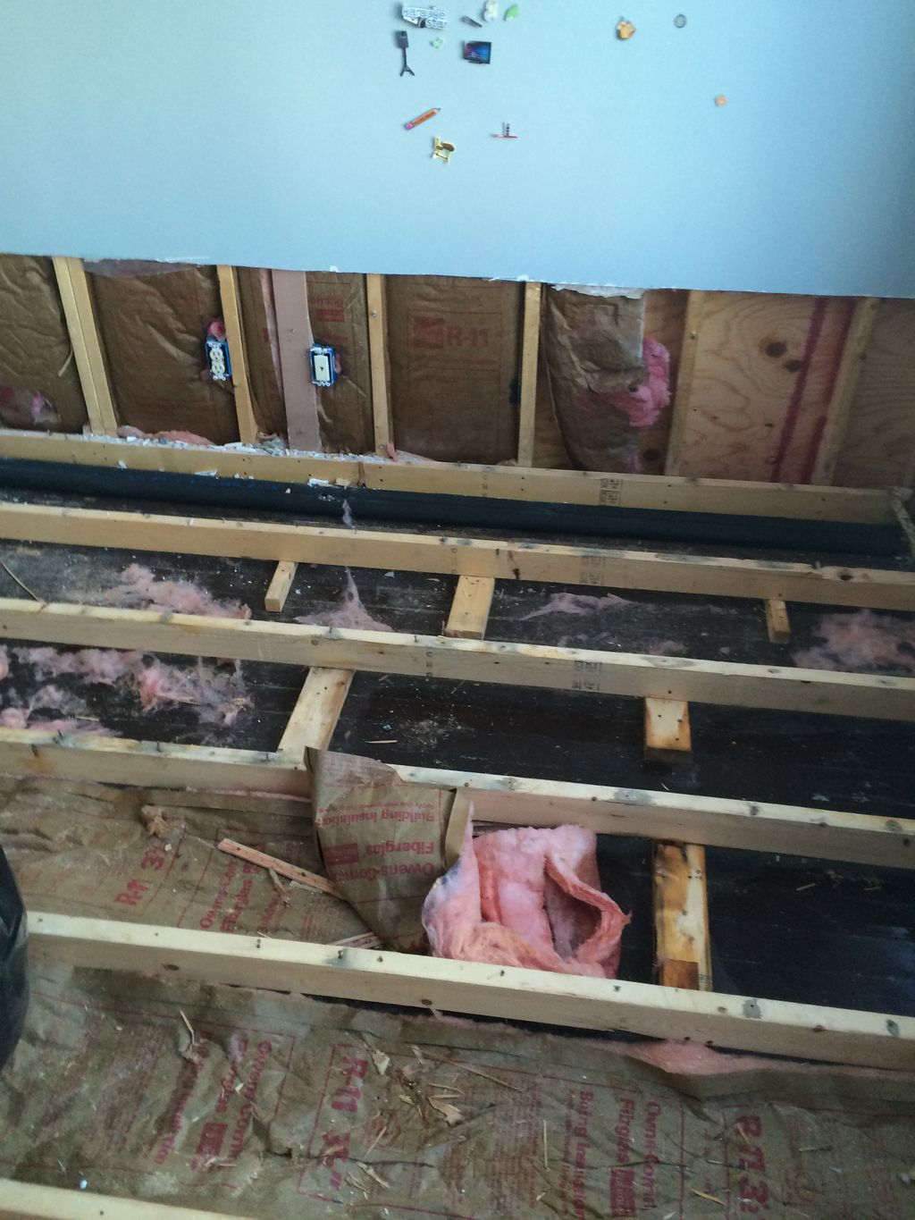 Demo of subfloor, wall, and removal of wet insulat