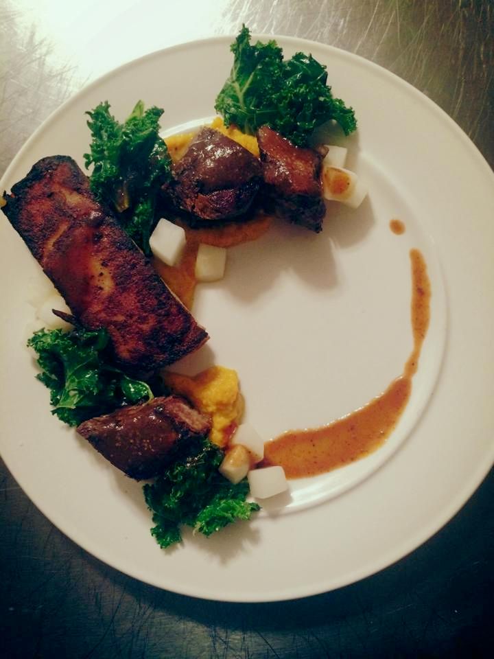 Braised beef, sautéed kale, turnip, carrot purée, 