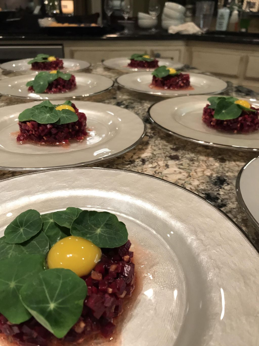 Beet tartare w/ ginger, quail egg & nasturtium