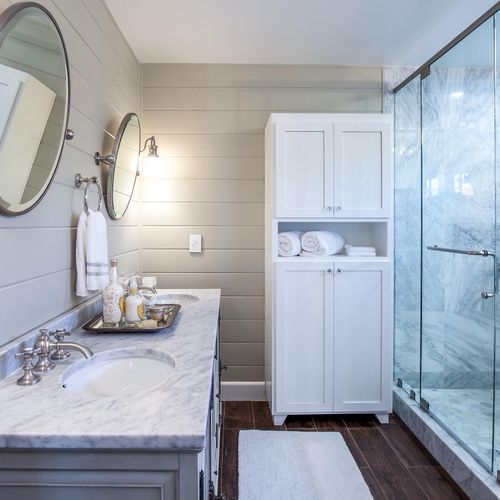 Custom Master Bathroom with carrera marble shower 