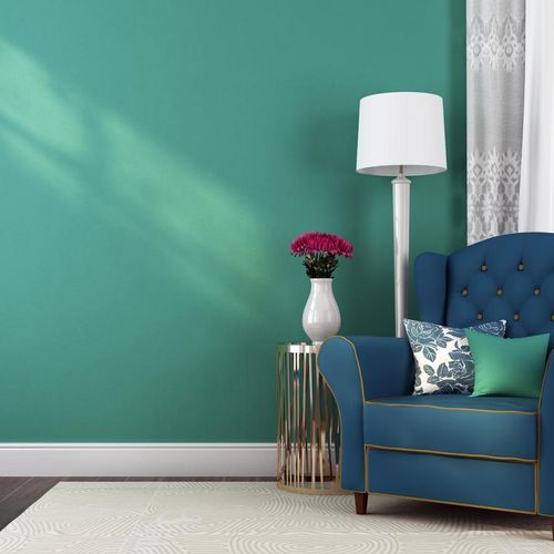 A teal sitting room.
