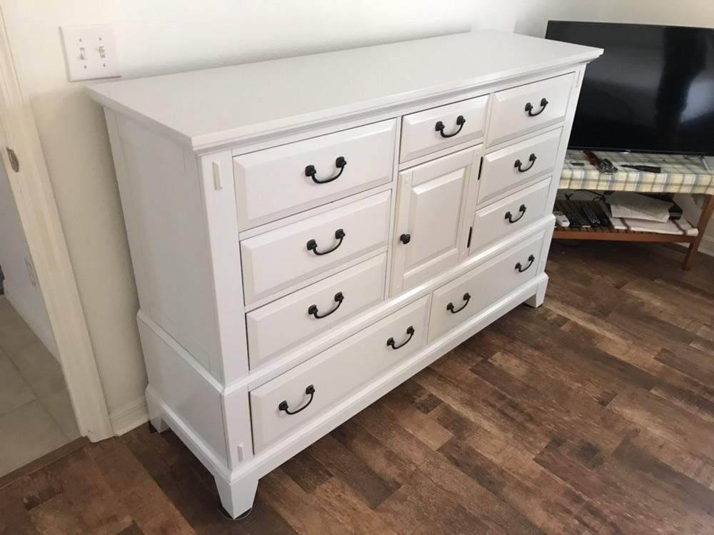 A stained broyhill dresser refinished to a white 