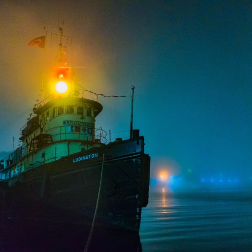 Foggy evening for the Tug Ludington in the Kewaune