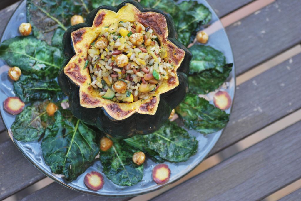 Acorn squash + mixed veggies + nuts +  crispy kale