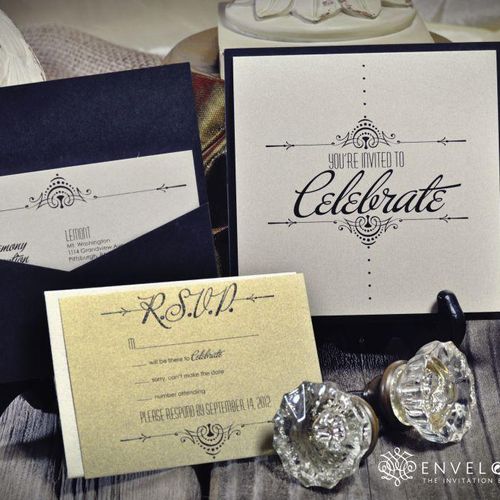 Art Deco Style Wedding Invitation w/ Pocket Card
