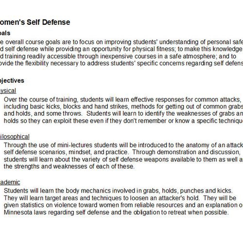 Goals and objectives for a 8-12 week self defense 