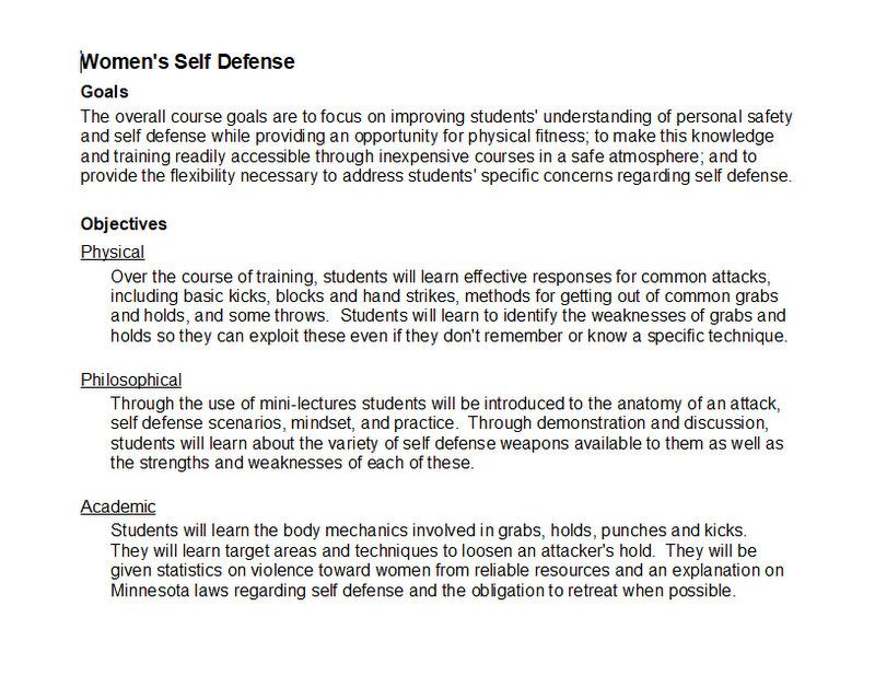 Goals and objectives for a 8-12 week self defense 